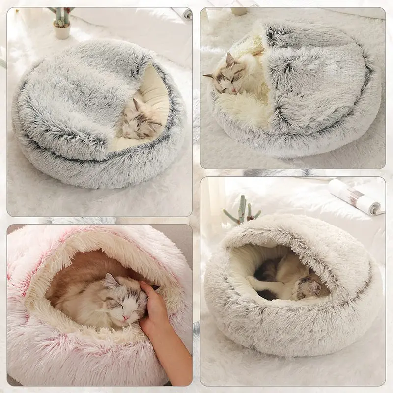 Round Plush Pet Bed with Cover – Warm Calming Cat & Small Dog Sleeping Cave - Image 4