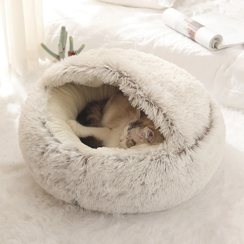 Round Plush Pet Bed with Cover – Warm Calming Cat & Small Dog Sleeping Cave - Image 2