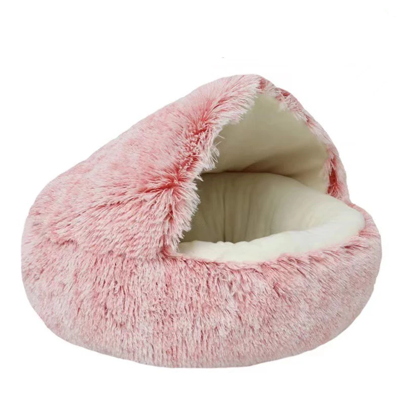 Round Plush Pet Bed with Cover – Warm Calming Cat & Small Dog Sleeping Cave - Image 8