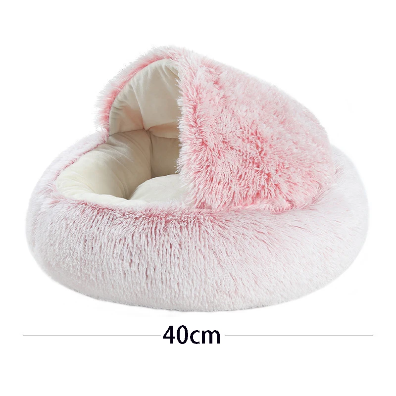 Round Plush Pet Bed with Cover – Warm Calming Cat & Small Dog Sleeping Cave - Image 6