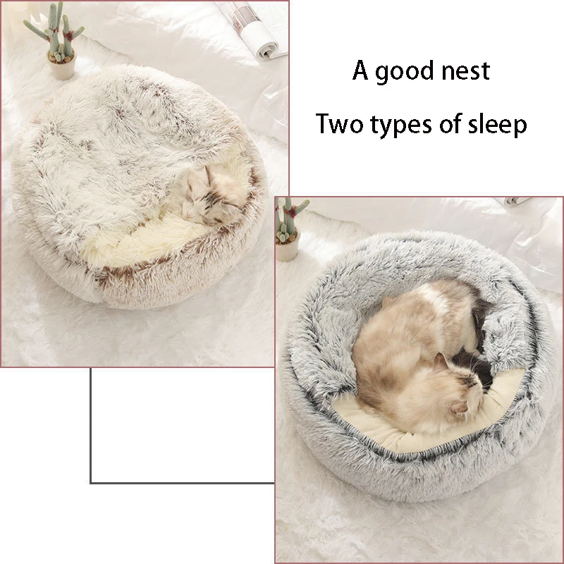 Round Plush Pet Bed with Cover – Warm Calming Cat & Small Dog Sleeping Cave - Image 3