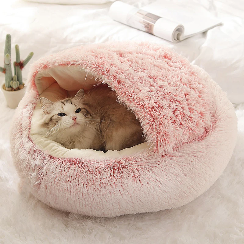Round Plush Pet Bed with Cover – Warm Calming Cat & Small Dog Sleeping Cave