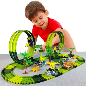 Electric Dinosaur Flexible Track Toy Set – Bendable Race Track with Light-Up Ca
