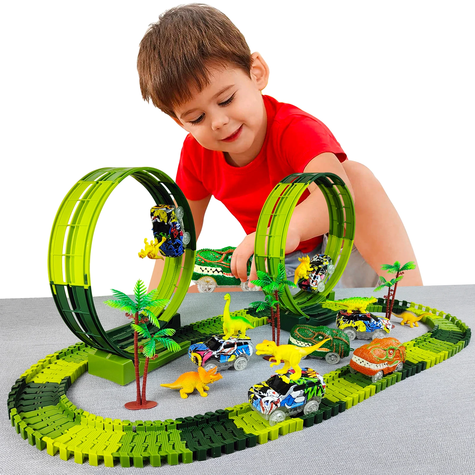 Electric Dinosaur Flexible Track Toy Set – Bendable Race Track with Light-Up Ca